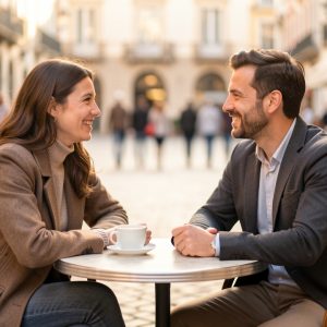 Une femme et un homme discutent chaleureusement lors d’un premier rendez-vous dans un café en plein air, sur une place publique éclairée par une douce lumière dorée.