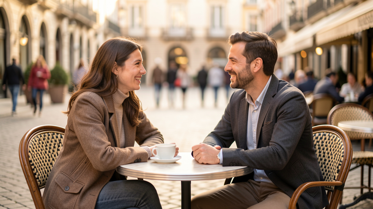 Une femme et un homme discutent chaleureusement lors d’un premier rendez-vous dans un café en plein air, sur une place publique éclairée par une douce lumière dorée.