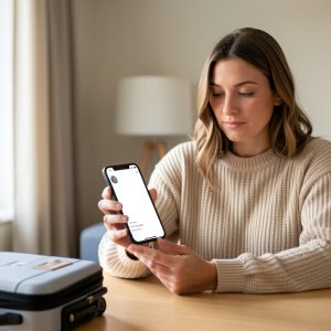 Une femme réfléchie tient un smartphone affichant une interface abstraite sans contenu lisible, assise dans un appartement lumineux avec une petite valise à proximité après une séparation.