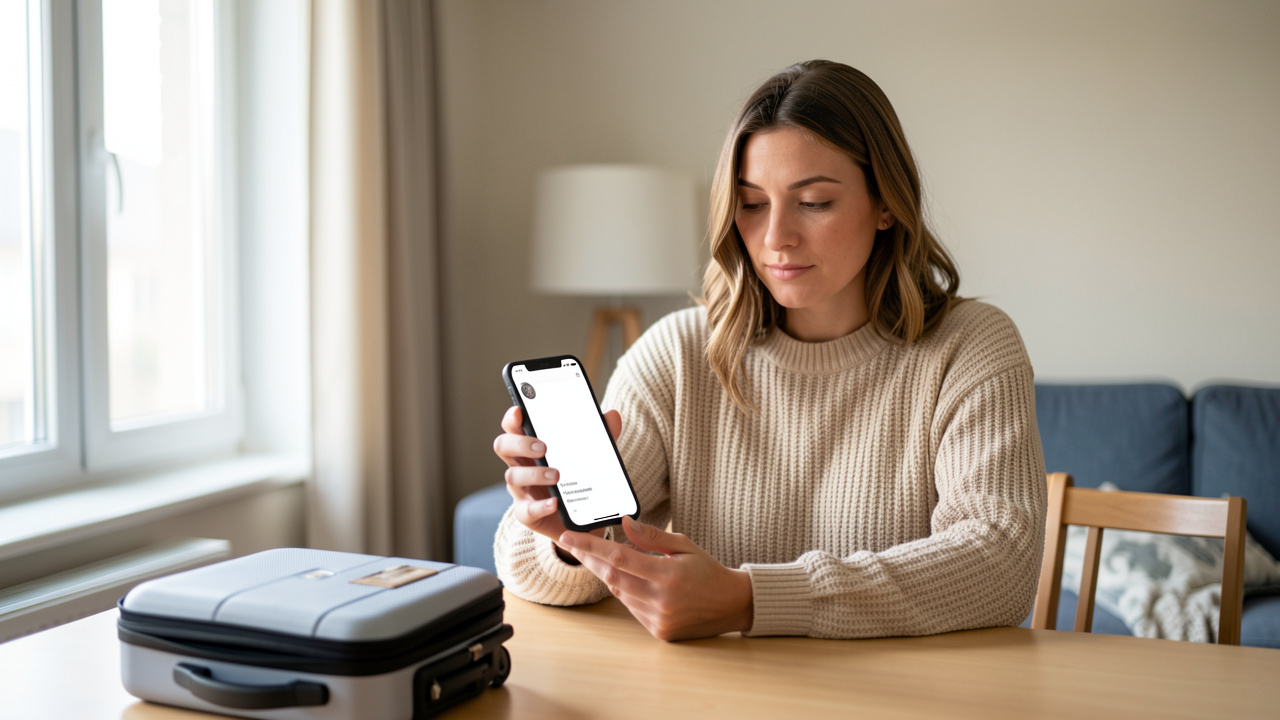 Une femme réfléchie tient un smartphone affichant une interface abstraite sans contenu lisible, assise dans un appartement lumineux avec une petite valise à proximité après une séparation.