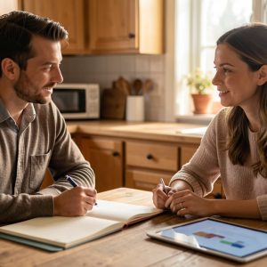 Un homme et une femme discutent calmement ensemble autour d’une table avant de créer un profil commun, dans une atmosphère chaleureuse et respectueuse.