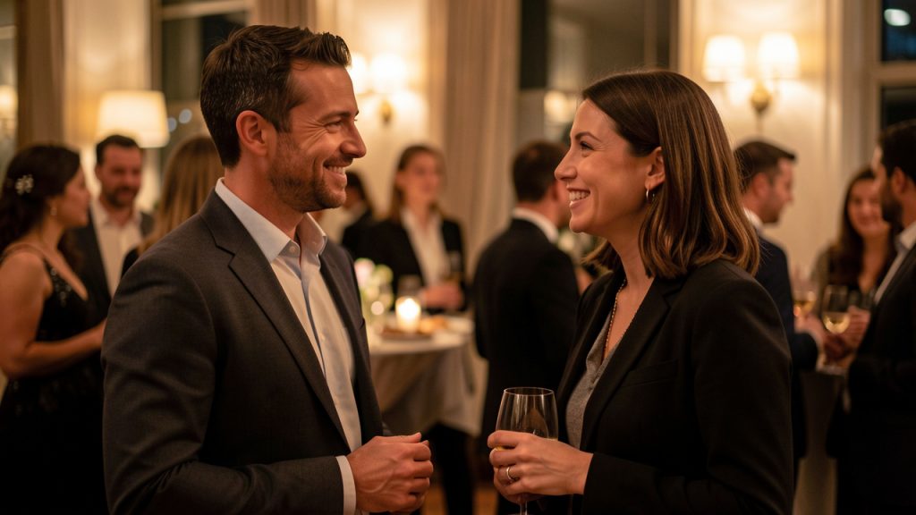 Un homme et une femme discutent avec naturel et respect lors d’une soirée élégante.