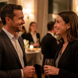 Un homme et une femme discutent avec naturel et respect lors d’une soirée élégante.
