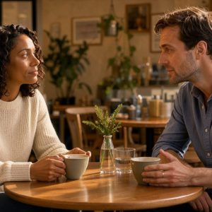 Une femme et un homme discutent calmement dans un café avant un premier rendez-vous, dans une atmosphère chaleureuse et respectueuse.