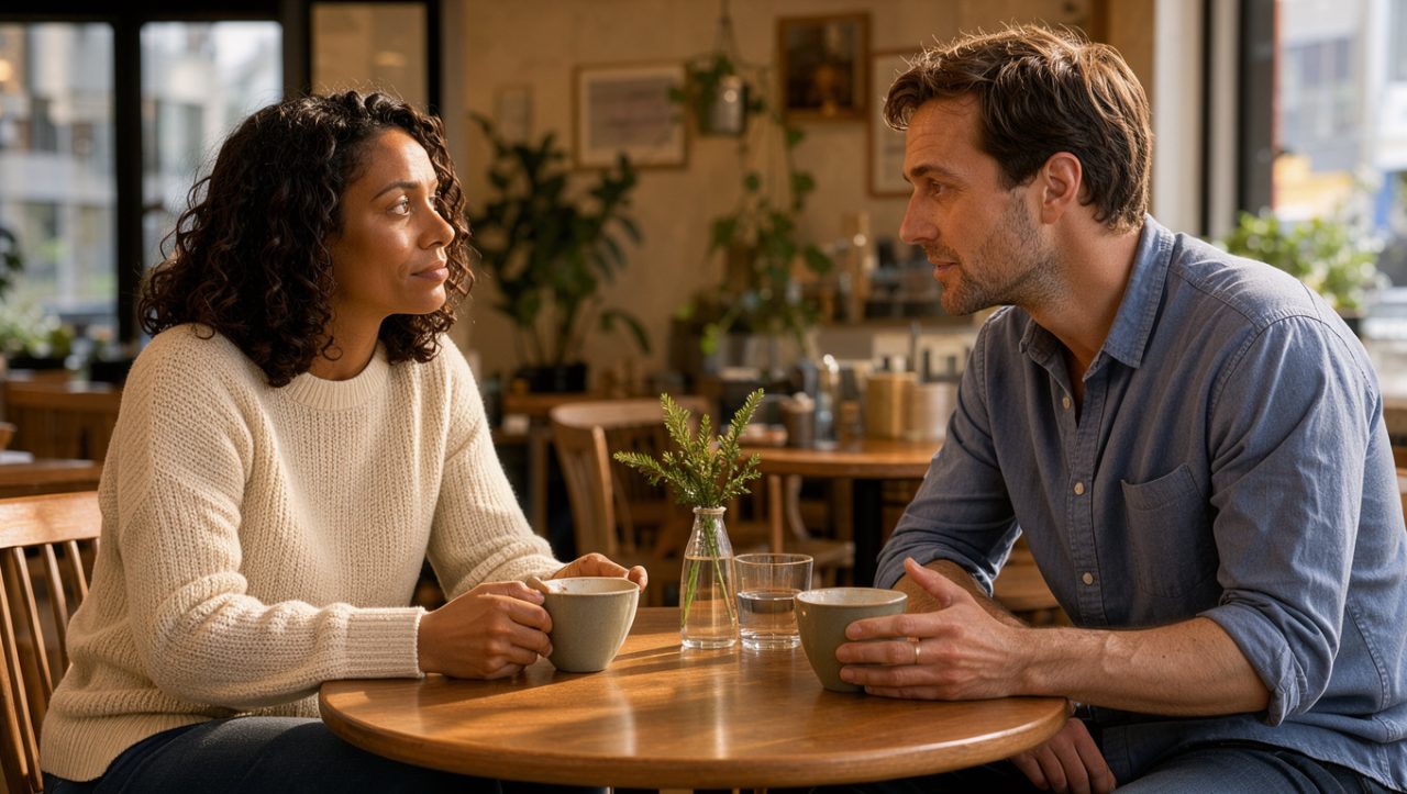 Une femme et un homme discutent calmement dans un café avant un premier rendez-vous, dans une atmosphère chaleureuse et respectueuse.