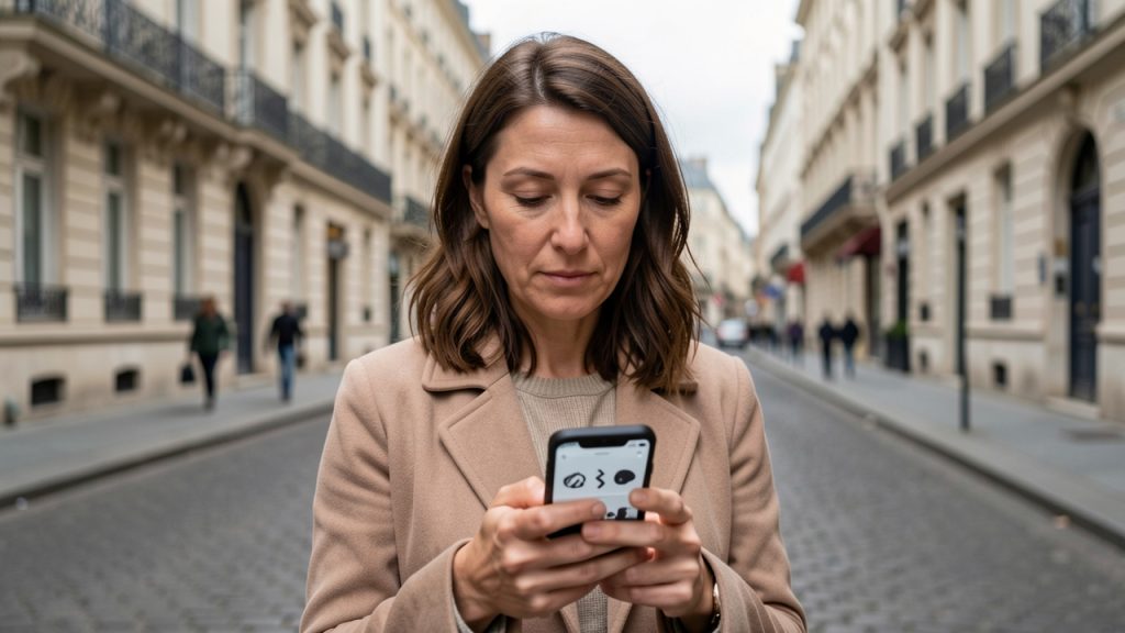 Femme adulte regardant son téléphone dans une rue urbaine française, avec des façades d’immeubles en arrière-plan.