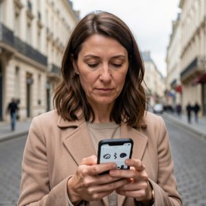 Femme adulte regardant son téléphone dans une rue urbaine française, avec des façades d’immeubles en arrière-plan.