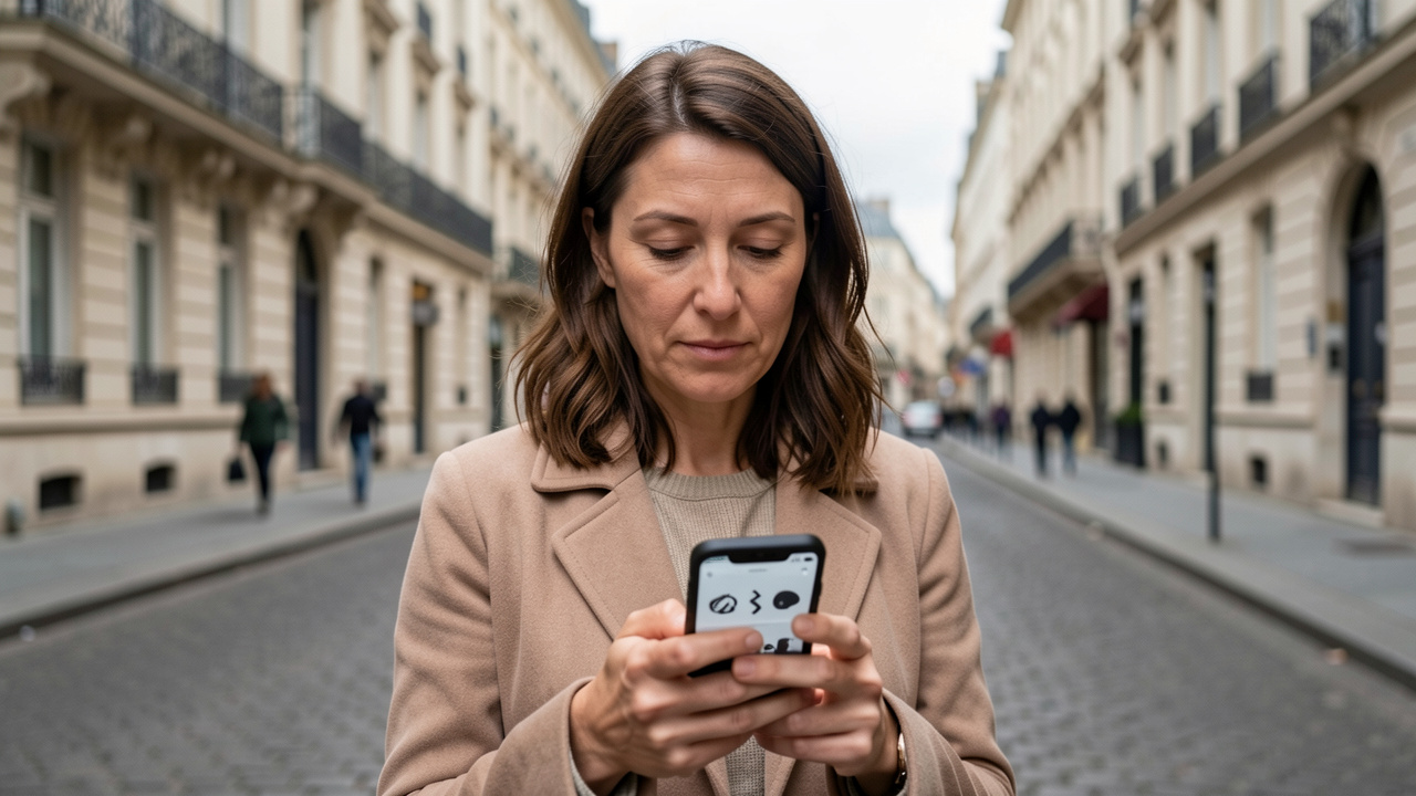 Femme adulte regardant son téléphone dans une rue urbaine française, avec des façades d’immeubles en arrière-plan.