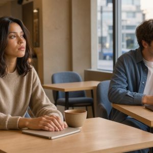 Un jeune homme et une jeune femme assis à distance dans un café calme, pensifs avant un premier rendez-vous.