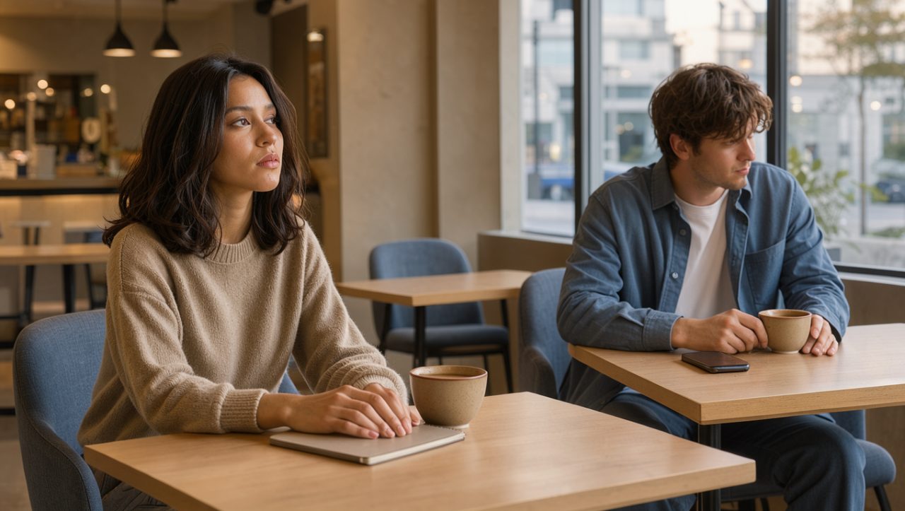 Un jeune homme et une jeune femme assis à distance dans un café calme, pensifs avant un premier rendez-vous.